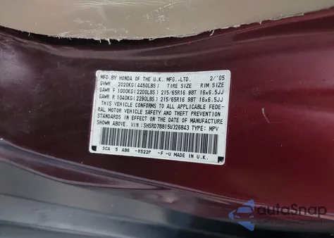 2005 Honda Cr-V Ex from USA, damaged, VIN SHSRD78815U326843